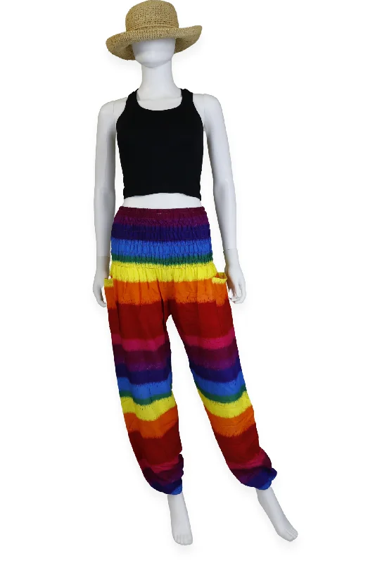 Rainbow Harem Pants Boho Baggy Hippie Yoga Pants Smocked Waist Tie dye Pant Modern Bootcut Pants Rainbow Harem Pants Boho Baggy Hippie Yoga Pants Smocked Waist Tie dye Pant Modern Bootcut Pants
