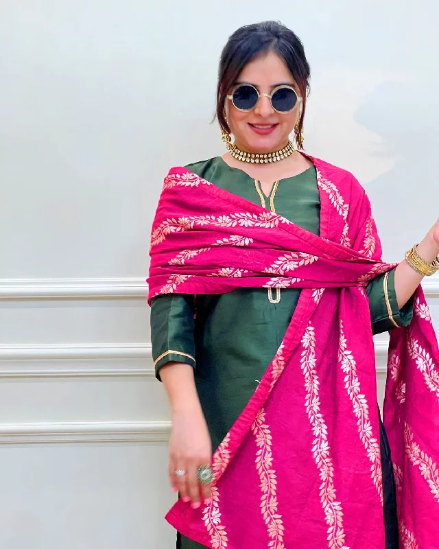 Meher Silk Straight Kurta, Pants & Dupatta Trendy Printed Pants