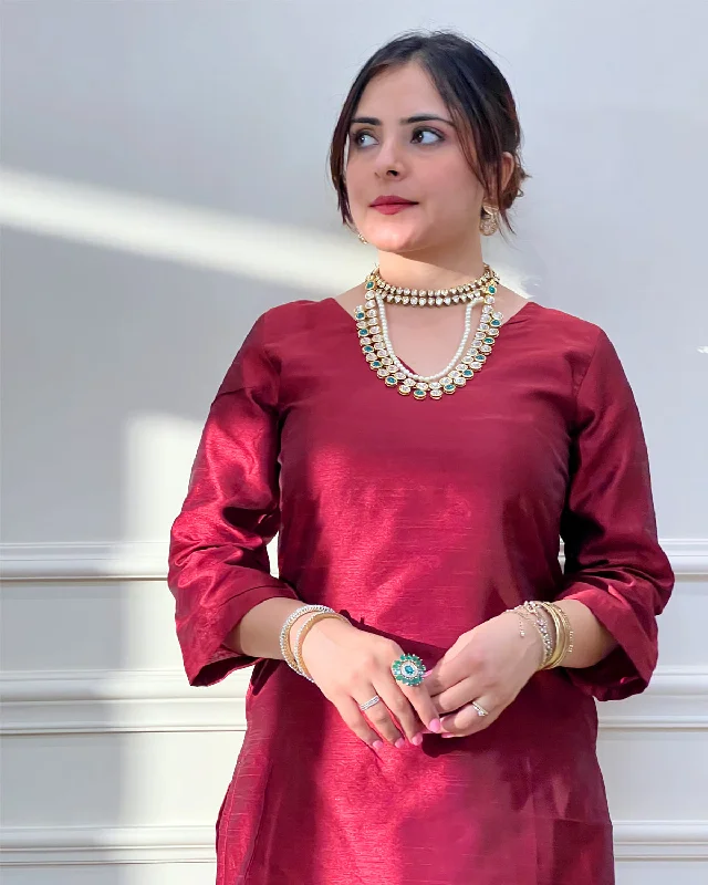 Lila Maroon Silk Kurta & Pants - Set of 2 Cozy Full-Length Pants