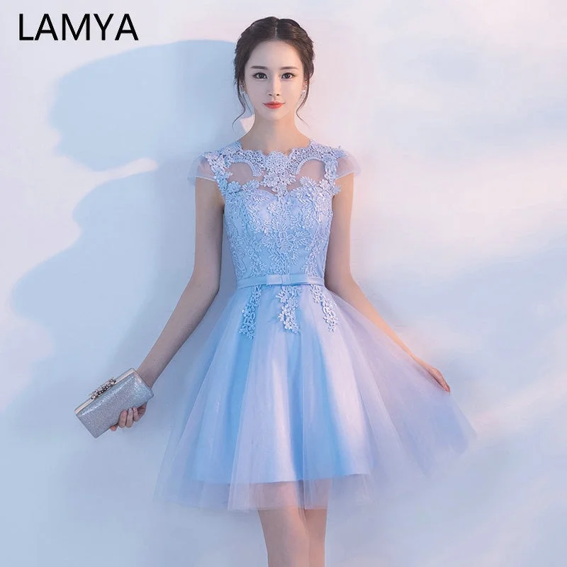 Cheap Customized Cap Sleeve Prom Dress Appliques Ball Gown Evening Dresses Vintage Knee Length Special Occasion Gowns