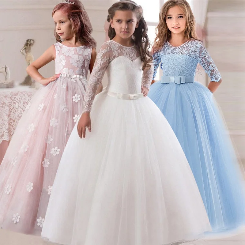 Flower Girl's Birthday Banquet Long Sleeve Lace Stitching Dress Elegant Girl's Wedding Long White Butterfly Lace Loop Dress