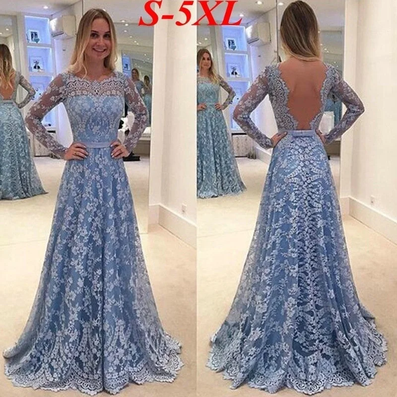 Evening Dresses Long 2020 New Fashion Women's Long Sleeve Backless Blue Full Lace A-line Cheap Sexy Formal Party Gowns