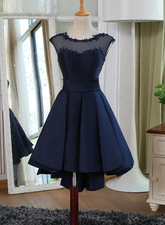 Navy Blue Satin High Low Homecoming Dresses  cg8103