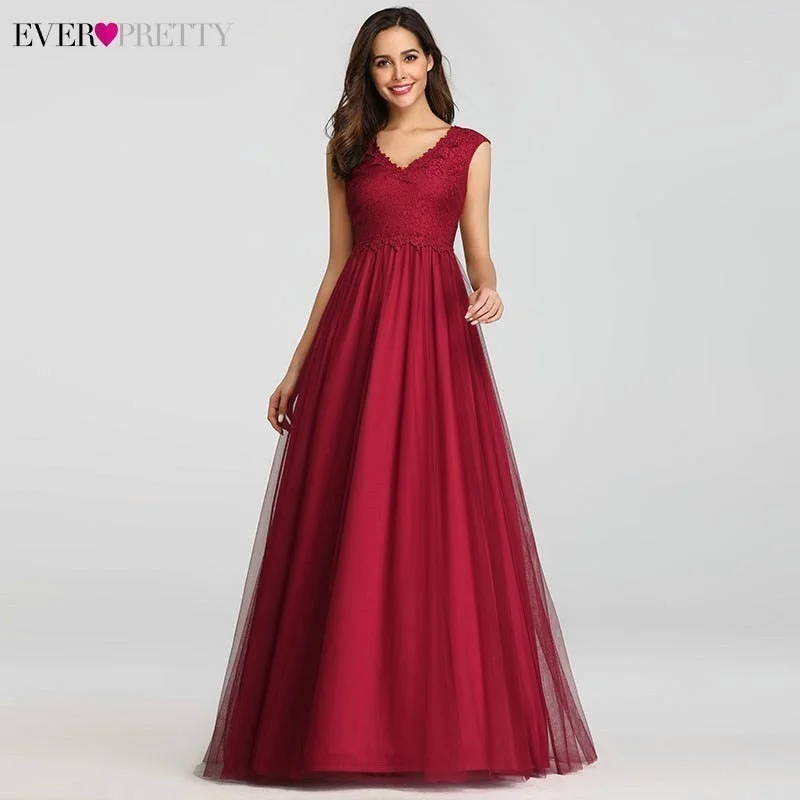 Elegant Prom Dresses Long Burgundy A-Line V-Neck Sleeveless Empire Lace Sexy Vintage Evening Gowns Women Vestidos de Gala 2020