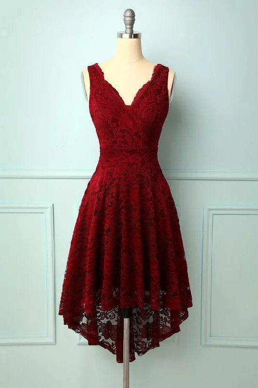 Dark Red V-Neck Lace Dress homecoming dress  cg9870