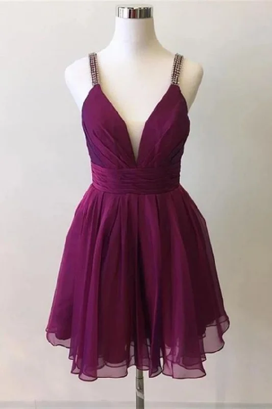 Cute Deep V Neck Purple Chiffon Beads Formal Dresses Homecoming Dresses  cg8299