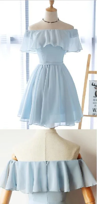 Simple Off The Shoulder Light Blue Chiffon A Line Short Homecoming Dress cg9058