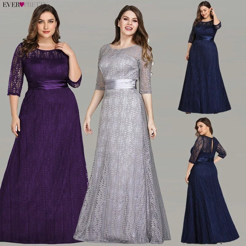 Elegant Plus Size Evening Dresses Long 2020 Ever Pretty EP08878GY A-line Lace Half Sleeve Grey Formal Party Gowns for Wedding