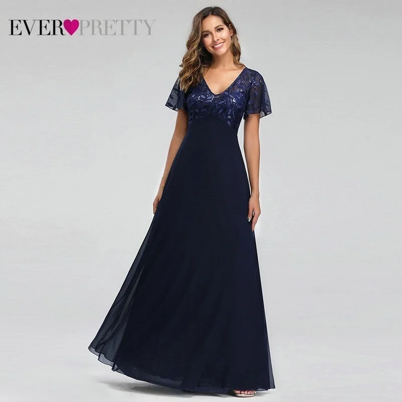 Evening Dresses Long Ever Pretty EZ07706 Elegant Navy Blue A-line Short Sleeve Chiffon Lace Embroidery Party Gowns for Wedding