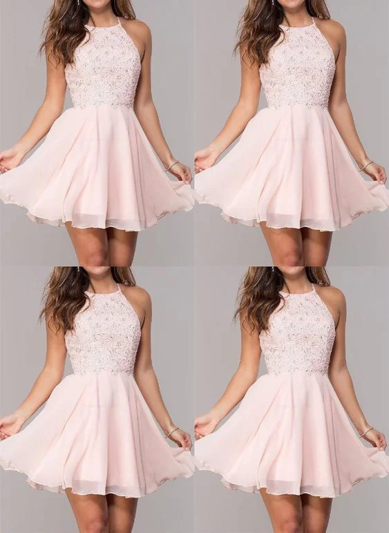 Light Pink Homecoming Dresses,Chiffon Short Homecoming Dresses,Beaded Halter Homecoming Dresses   cg9780
