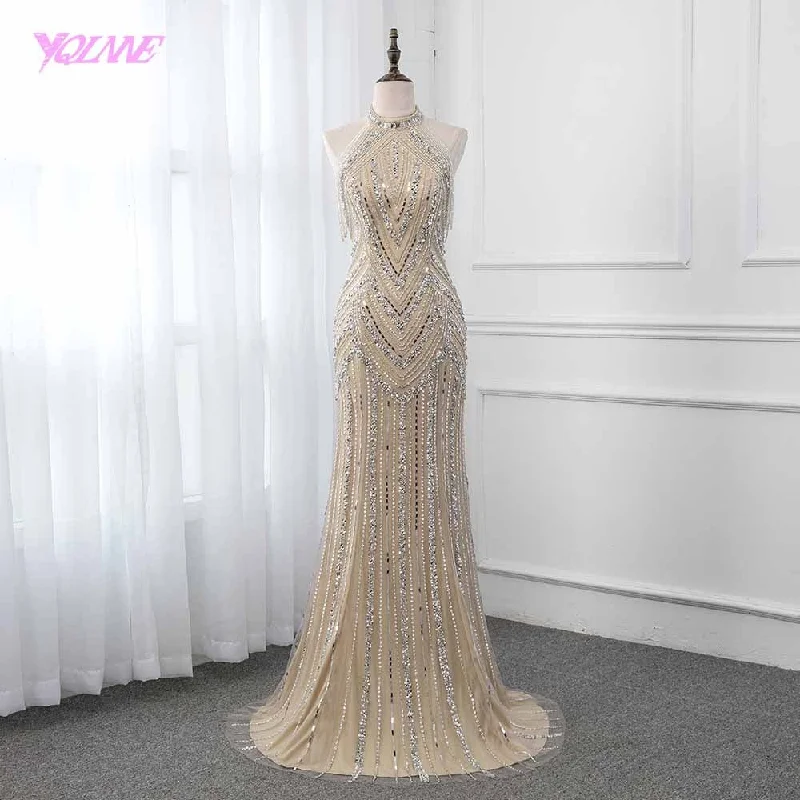 Champagne Crystals Evening Dress Long Pageant Dresses Mermaid Evening Gown Competition