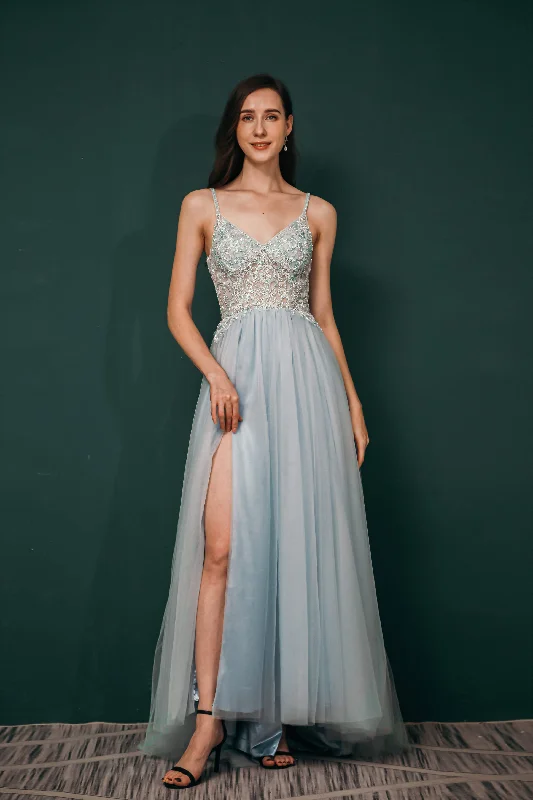 Spaghetti Straps Beading Front Split Long Sky Blue Prom Dresses