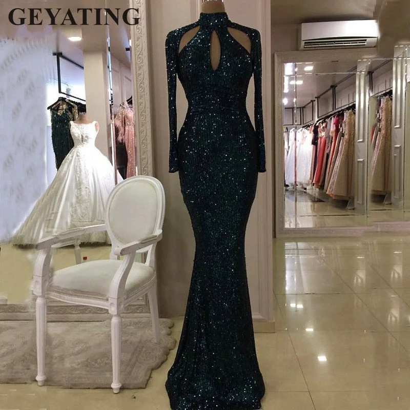 Dark Green Sequined High Neck Mermaid Evening Dresses 2019 Long Sleeves Hollow Cut-Out Long Gold Prom Formal Dress Party Gowns