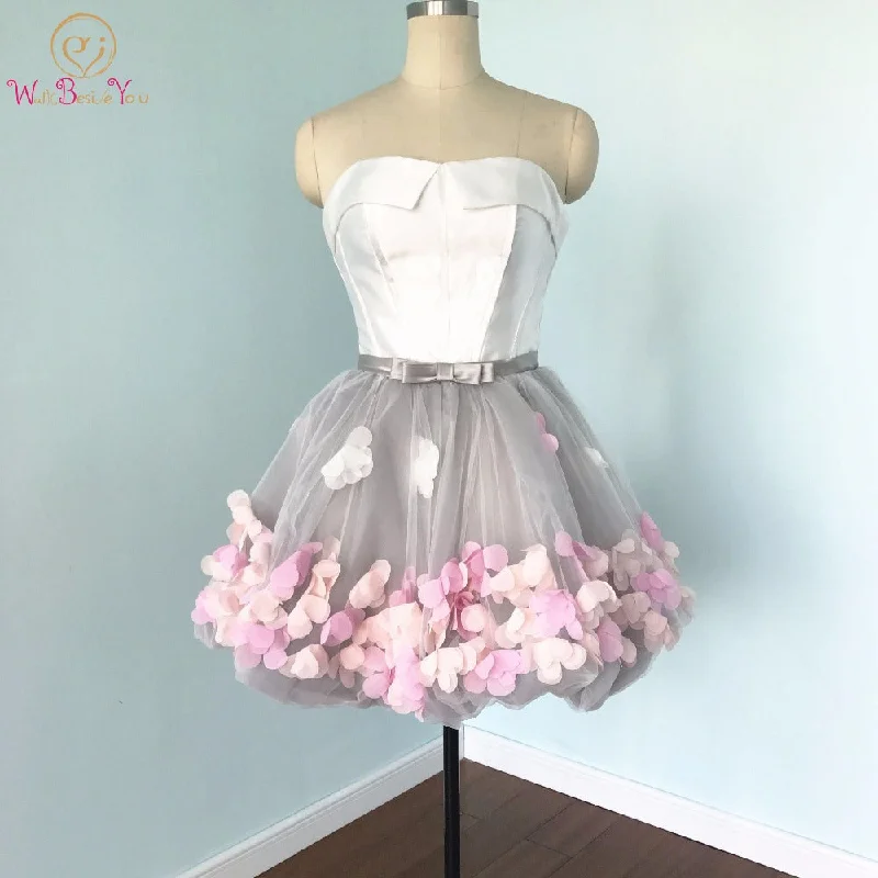 2020 Short Prom Dresses Graduation Strapless Gray White Flowers Real Photos Evening Organza Party Formal Gown Walk Beside You