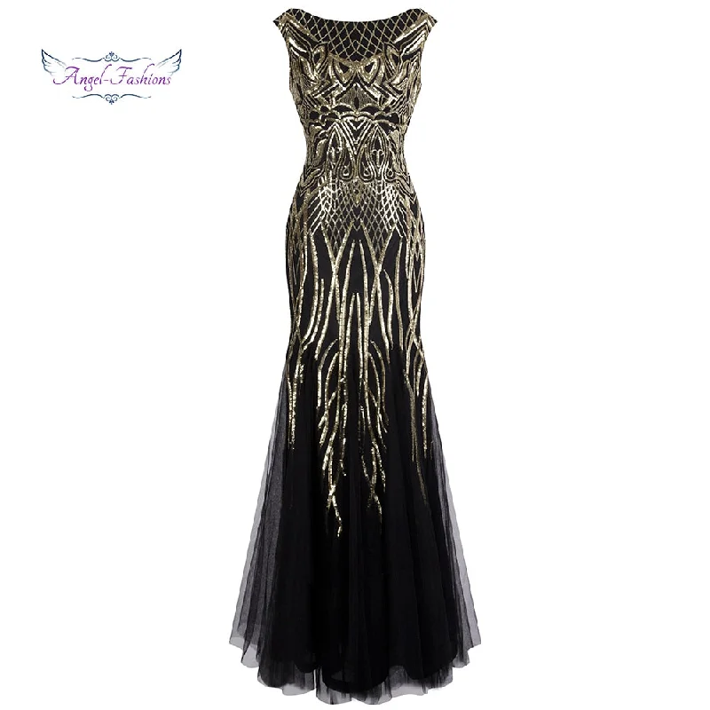 Angel-fashions Bateau Boat Neck Vintage Golden Sequin Ball Gown Long Prom Dresses 377
