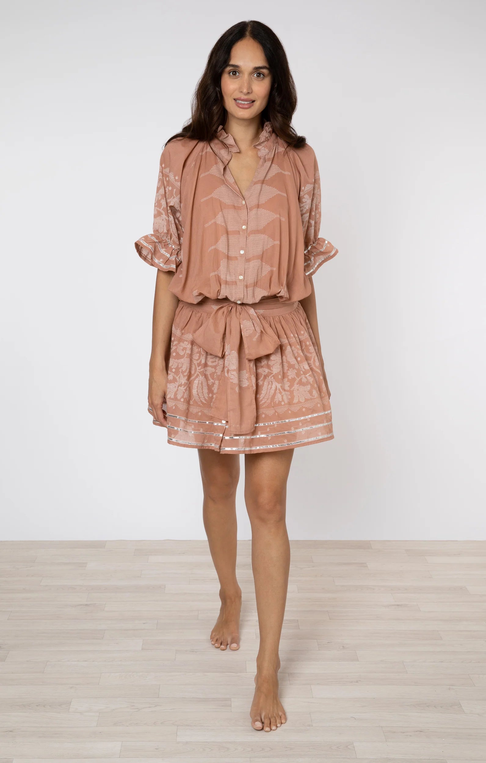 Blouson Dress With Dhaka Print & Silver Trim With Slip