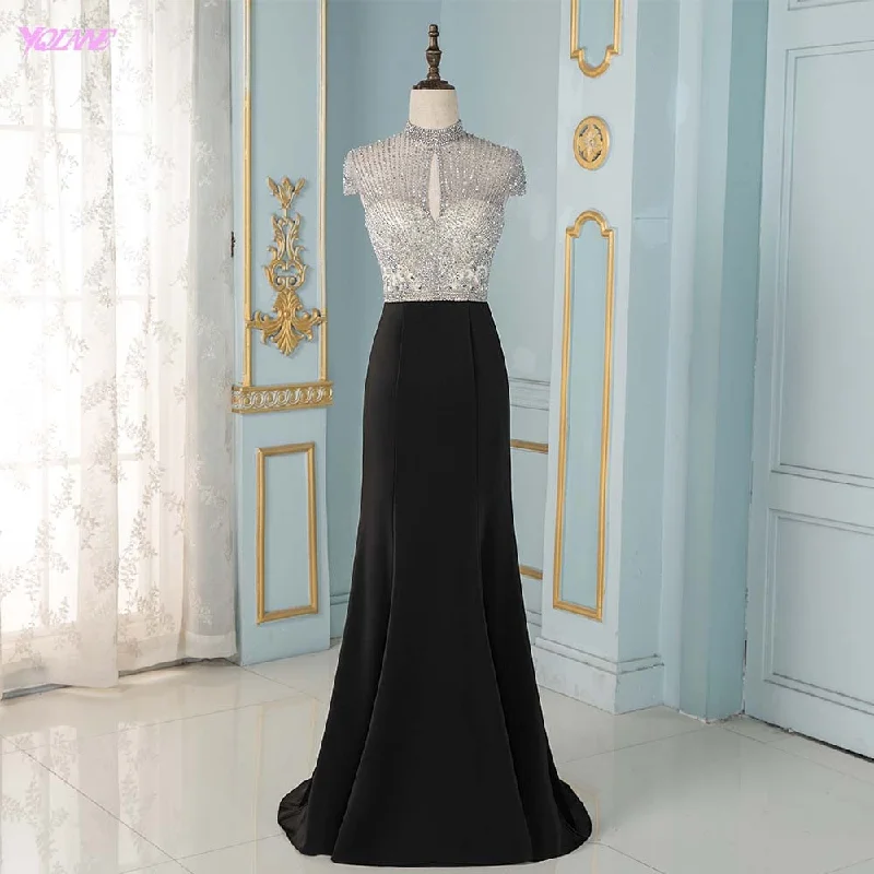 Black Crystals Mermaid Evening Dresses Long Cap Sleeve Formal Evening Gown YQLNNE