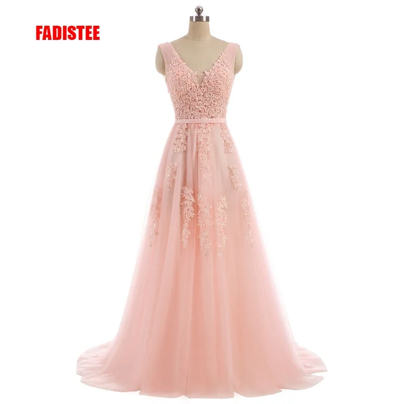 FADISTEE Vestido De Festa Sweet pink Lace V-neck Long Evening Dress Bride Party Sexy Backless beads pearls Prom Dresses