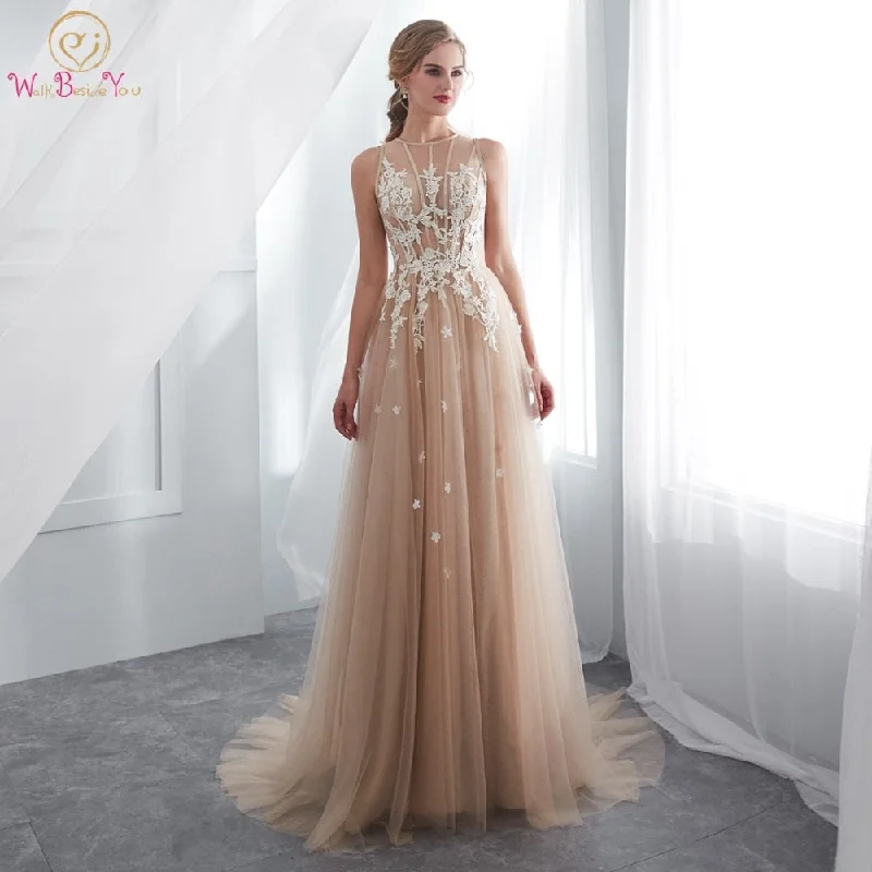 Champagne Prom Dresses Walk Beside You O-neck Transparent Lace Applique A-line Sleeveless Sweep Train Long Party Evening Gowns