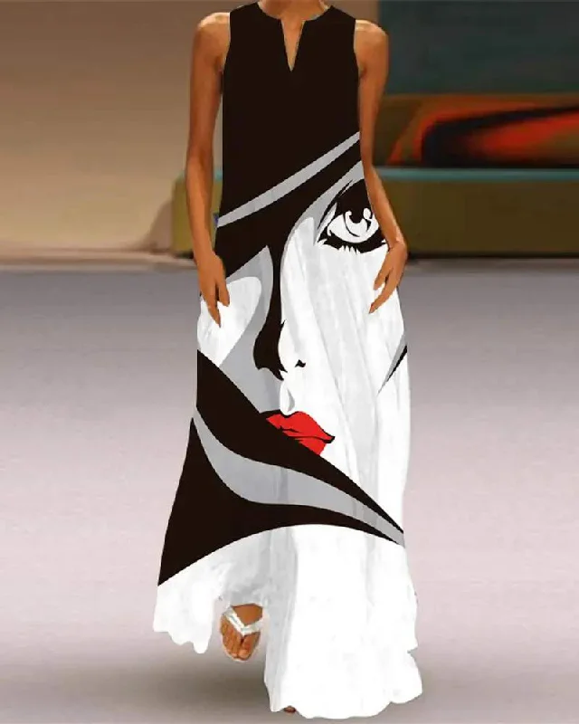 ABSTRACT FIGURE PRINT SLEEVELESS MAXI DRESS Stylish Boho Maxi Dress