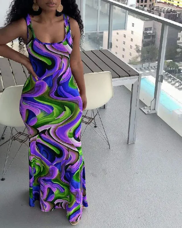 ABSTRACT PRINT U NECK MAXI DRESS Comfortable Pleated Maxi Dress