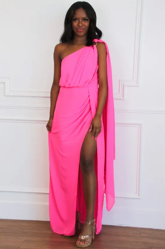 Athena One Shoulder Cape Sleeve Maxi Dress: Electric Pink Chic Summer Floral Maxi Dress Athena One Shoulder Cape Sleeve Maxi Dress: Electric Pink Chic Summer Floral Maxi Dress