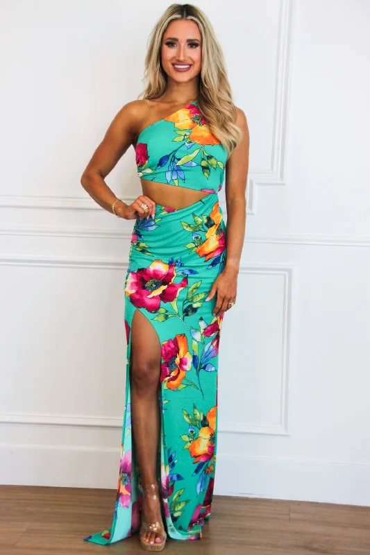 Ava Cutout One Shoulder Maxi Dress: Jade Green FLORAL Classic A-Line Maxi Dress