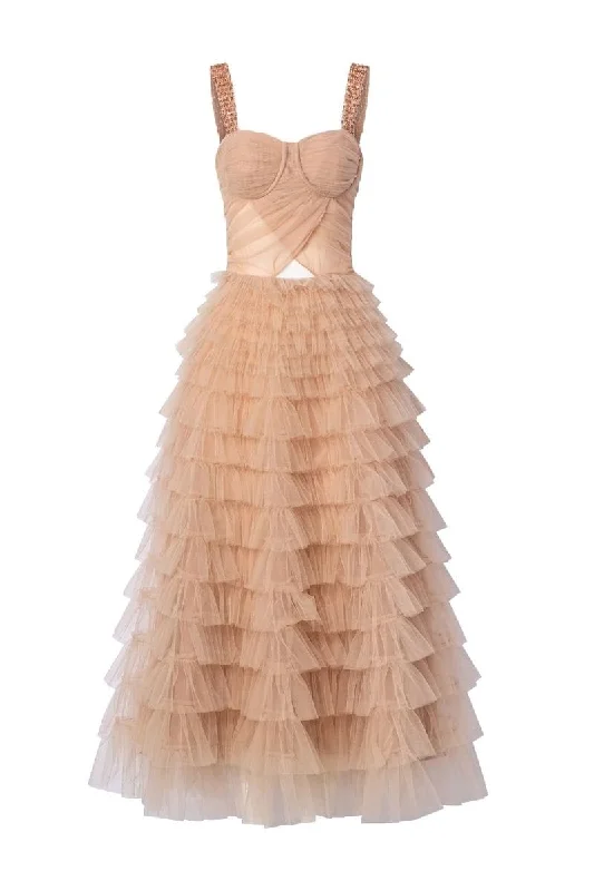 BEIGE LAURENT TULLE LAYERED MAXI DRESS Trendy Maxi Dress with Straps