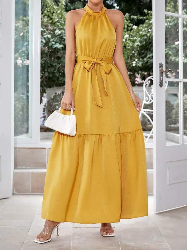 Belted Grecian Neck Tiered Maxi Dress Elegant Maxi Dress with Slit