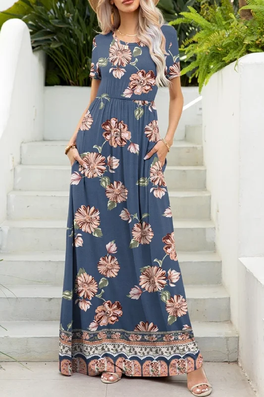 Blue Zone Planet |  Printed Round Neck Short Sleeve Maxi Dress Trendy Floral Print Maxi Dress