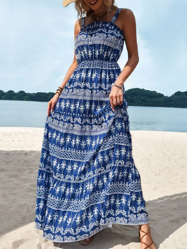 Blue Zone Planet |  Printed Square Neck Sleeveless Maxi Dress Stylish Button-Up Maxi Dress