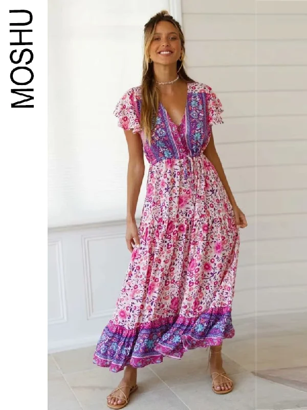 Bohemian Dresses for Women Long Beach Maxi Dress V Neck Floral Print Empire Waist A Line Vintage Female Sundress Cozy Maxi Dress with Slit