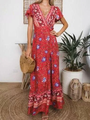 Boho Lace-up V-neck Printed Maxi Dresses Elegant Maxi Dress with Pockets