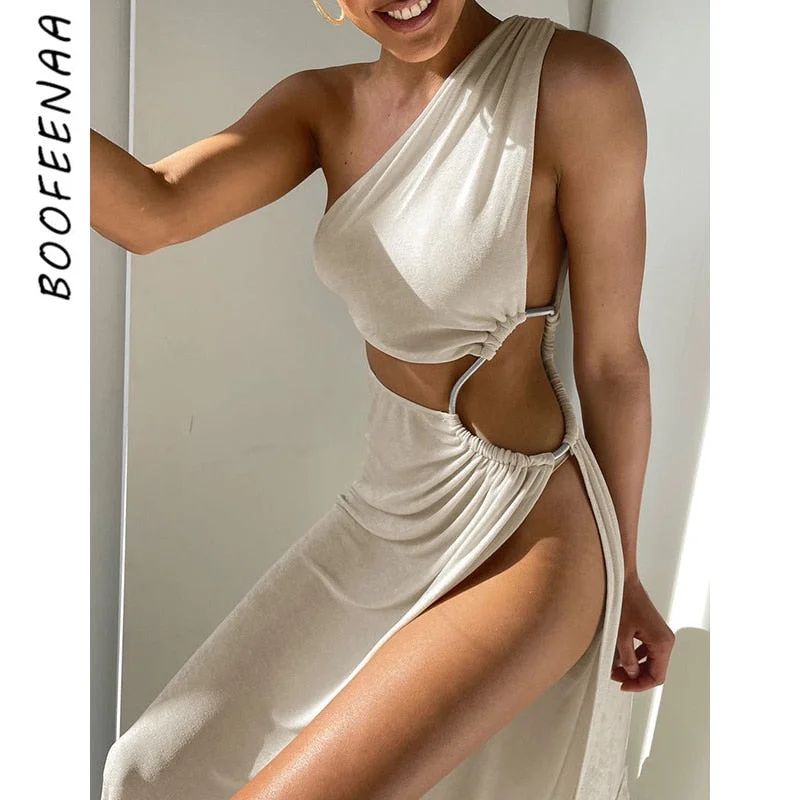 BOOFEENAA Sexy Asymmetric CutOut One Shoulder High Split Long Maxi Dresses for Women 2023 Party Vacation Outfits C66DG43 Trendy Satin Maxi Dress