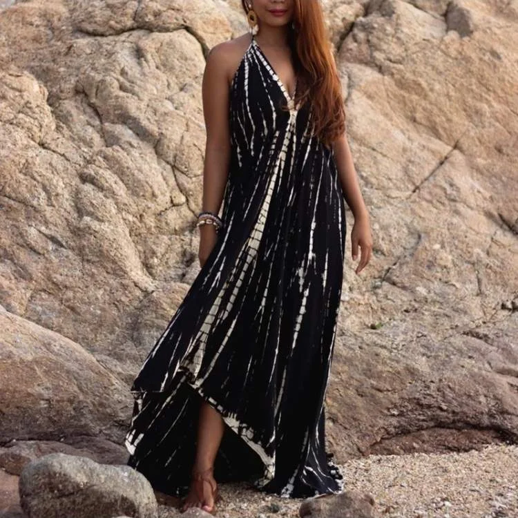 CASUAL BEACH VACATION HALTER LOOSE MAXI DRESS Trendy Ruffled Maxi Dress
