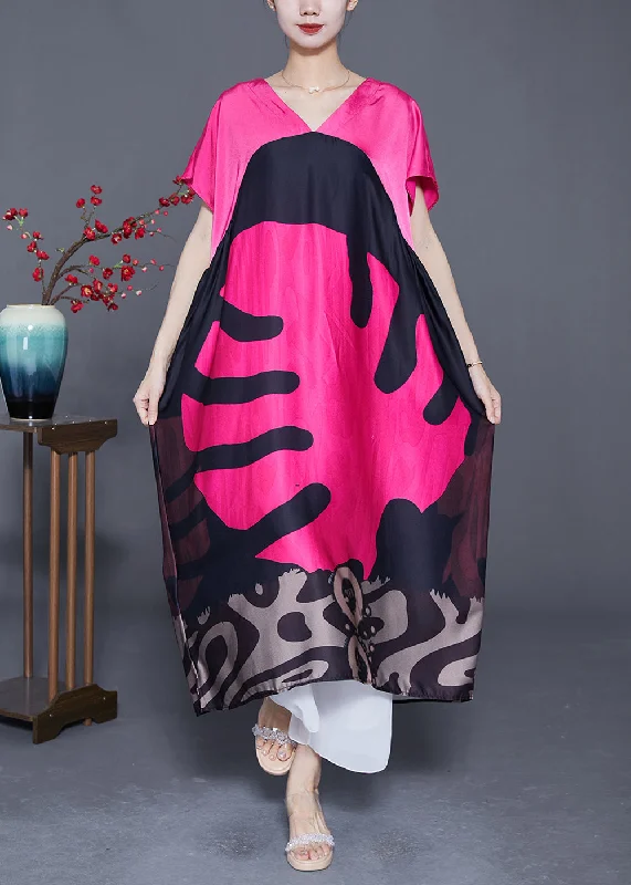 DIY Rose V Neck Patchwork Print Silk Maxi Dresses Summer Classic Solid Maxi Dress