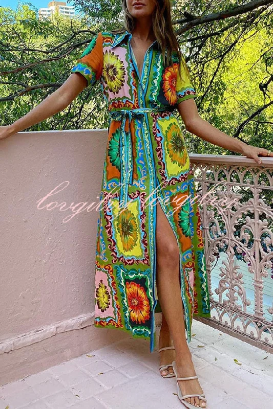 Exaggerated Unique Print Lace Up Button Maxi Dress Fashionable Printed Maxi Dress