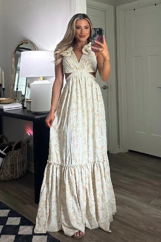 Floral Fantasy Ruffle Cutout Maxi Dress: Light Sage Cozy Ruffle Sleeve Maxi Dress