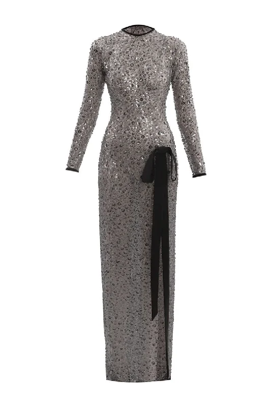 GRAY FLOWER EMBROIDERED BOW MAXI DRESS Stylish V-Neck Maxi Dress