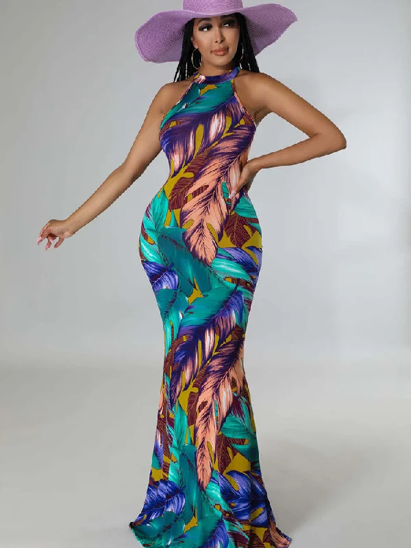 Halter Bohemia Print Mermaid Maxi Dresses Stylish Maxi Dress with Frills