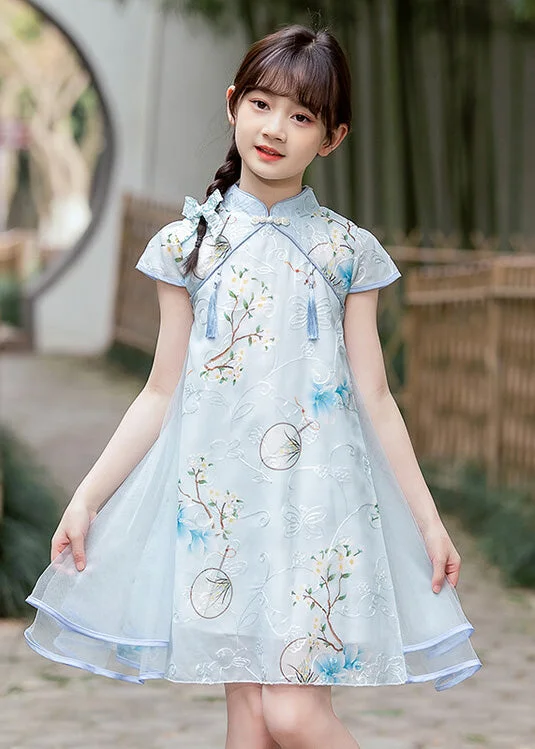 Handmade Light Blue Stand Collar Embroideried Button Tassel Tulle Patchwork Kids Maxi Dresses Short Sleeve Fashionable Halter Neck Maxi Dress Handmade Light Blue Stand Collar Embroideried Button Tassel Tulle Patchwork Kids Maxi Dresses Short Sleeve Fashionable Halter Neck Maxi Dress