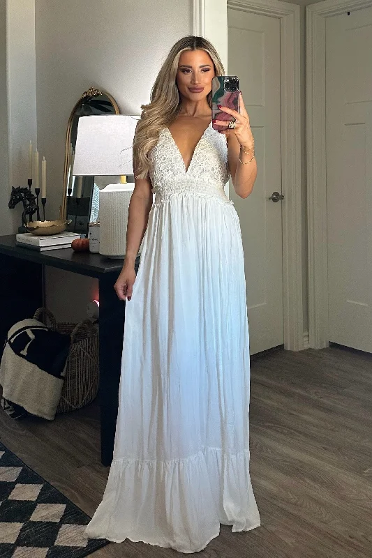 Heart First Lace Maxi Dress: White Fashionable Button-Down Maxi Dress