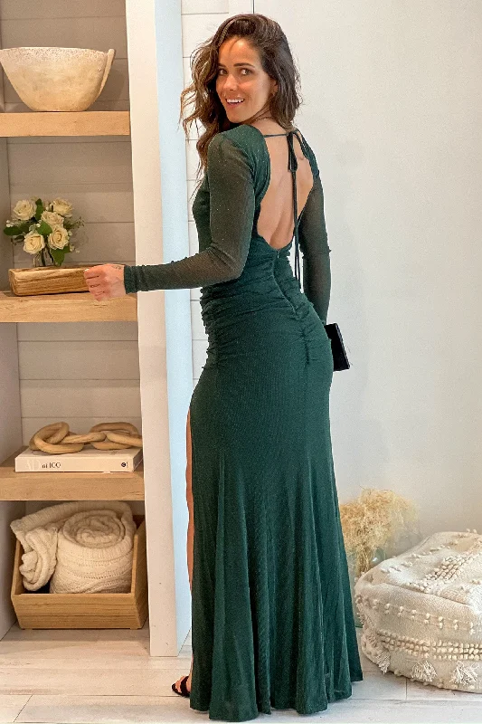 Hunter Green Glitter Maxi Dress With Slit And Open Back Fashionable Faux Wrap Maxi Dress