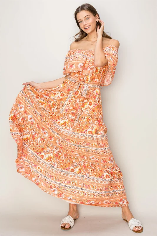 Blue Zone Planet | HYFVE Floral Off-Shoulder Tie Front Maxi Dress Trendy Maxi Dress with Belt Blue Zone Planet | HYFVE Floral Off-Shoulder Tie Front Maxi Dress Trendy Maxi Dress with Belt