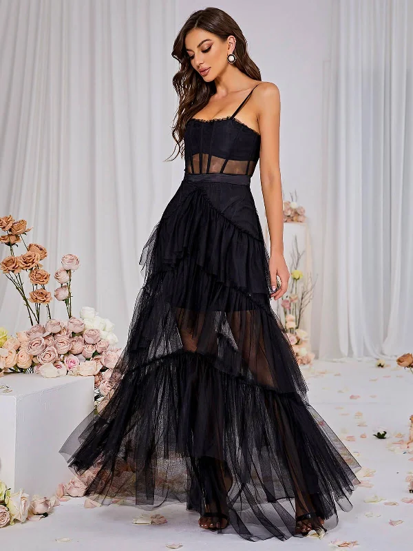 Inaya Mesh Maxi Dress In Black Comfortable Pleated Maxi Dress