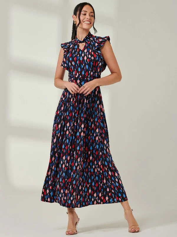 Jolie Moi Doris Frill Shoulder Maxi Dress, Navy Pattern Cozy Open-Back Maxi Dress