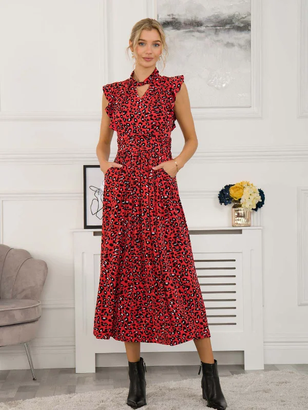 Jolie Moi Doris Frilly Maxi Dress, Red Animal Elegant Wraparound Maxi Dress