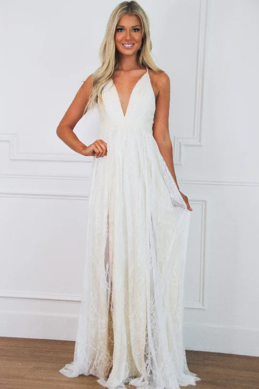 Just Like Heaven Lace Maxi Dress: White/Champagne Comfortable Bohemian Maxi Dress
