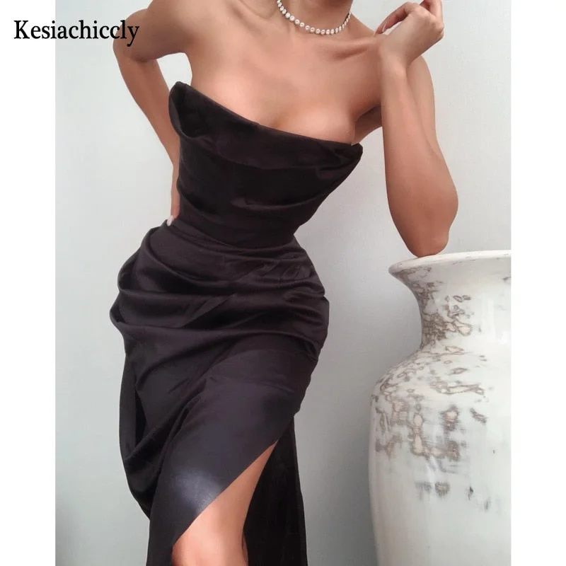 Kesiachiccly Sexy Satin Maxi Dress Women Off Shoulder Sleeveless Backless Side Split Long Dress 2023 Spring Summer Lady Vestido Elegant Floral Maxi Dress Kesiachiccly Sexy Satin Maxi Dress Women Off Shoulder Sleeveless Backless Side Split Long Dress 2023 Spring Summer Lady Vestido Elegant Floral Maxi Dress