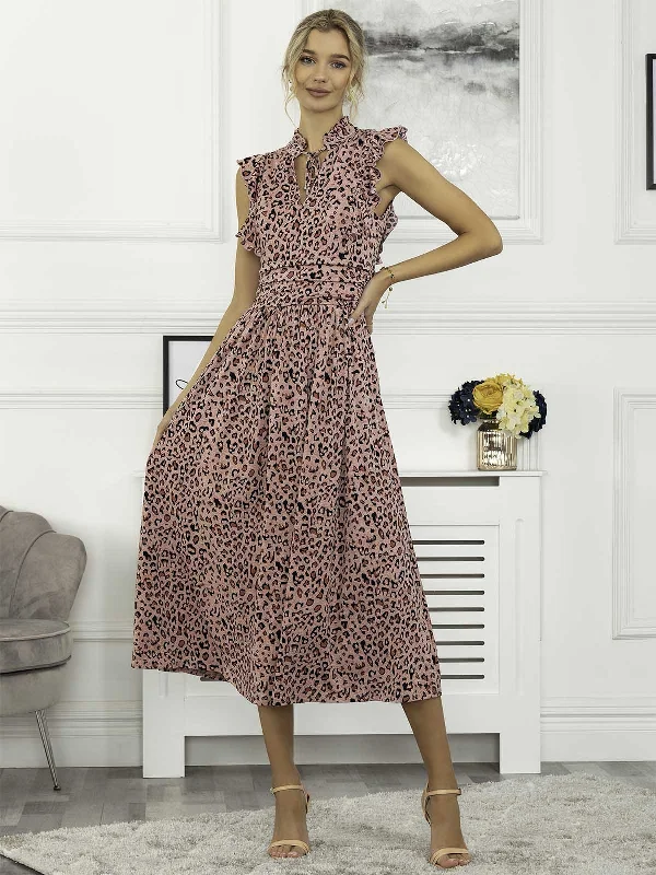 Kynlee Frilly Shoulder Maxi Dress, Pink Animal Cozy Maxi Dress with Slit